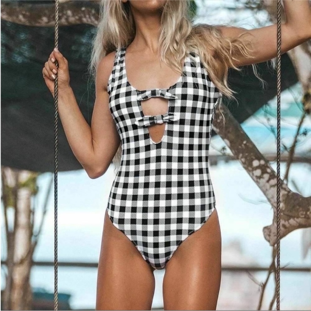 Cupshe bathing suit black white one piece checkered gingham bows cutout size S